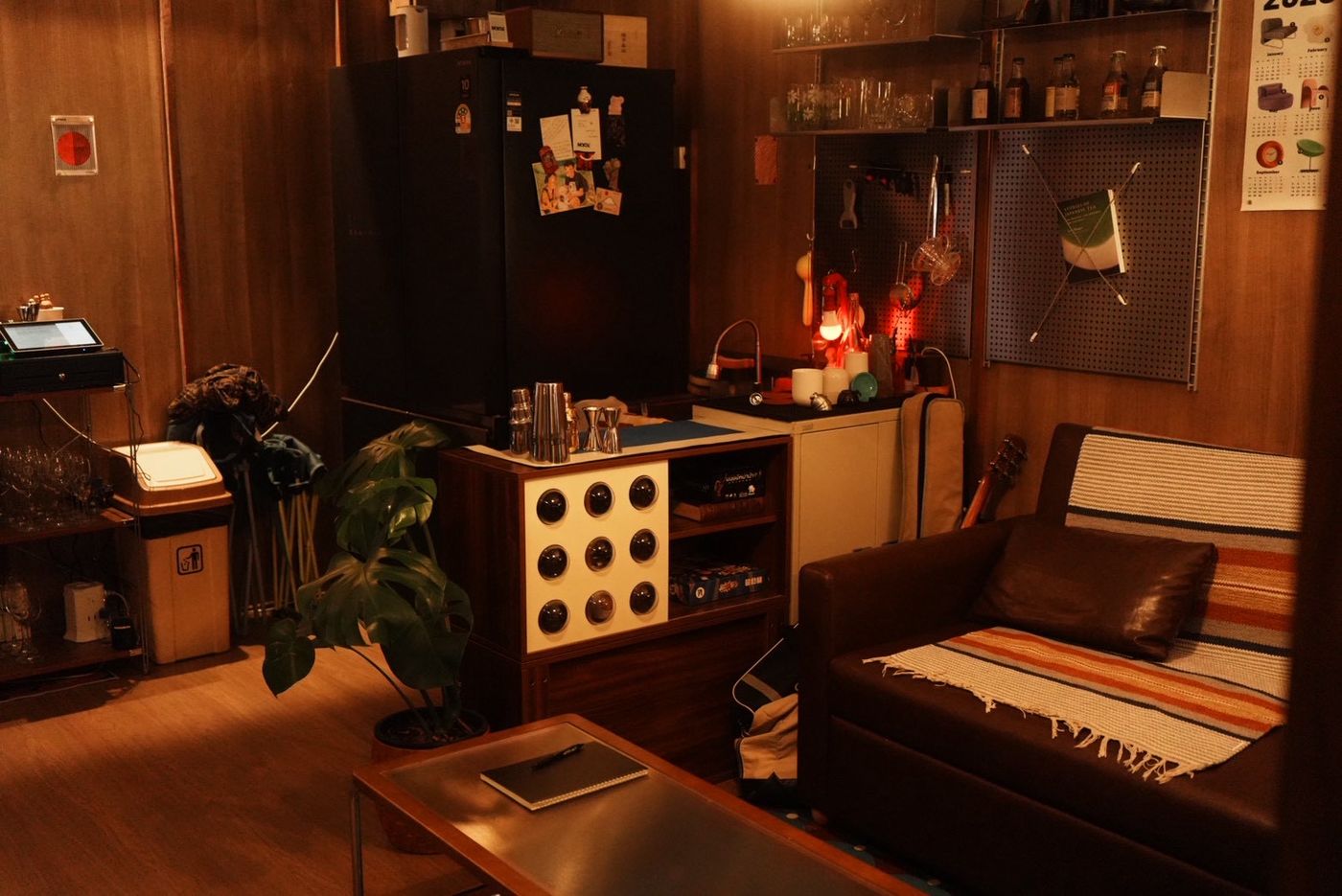 Warm wood-toned interior of NORSE sober, an alcohol-free beverage bar on Nimman Soi 13, Chiang Mai